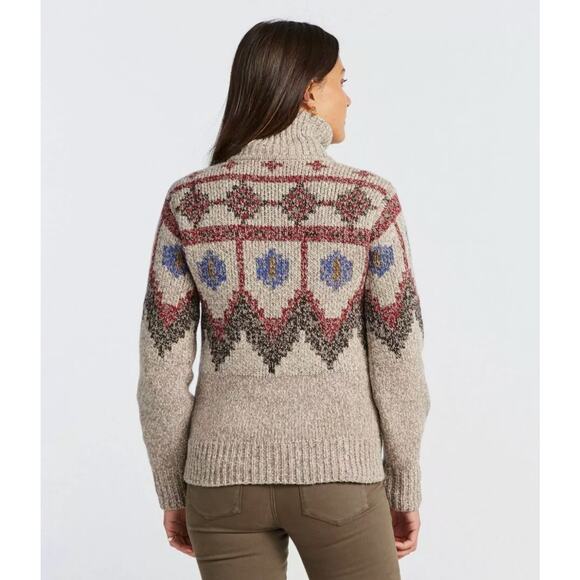 LL BEAN Signature Ragg Wool Sweater Fair Isle Oatmeal Tan Red Sz S NWT {115} - Picture 2 of 3